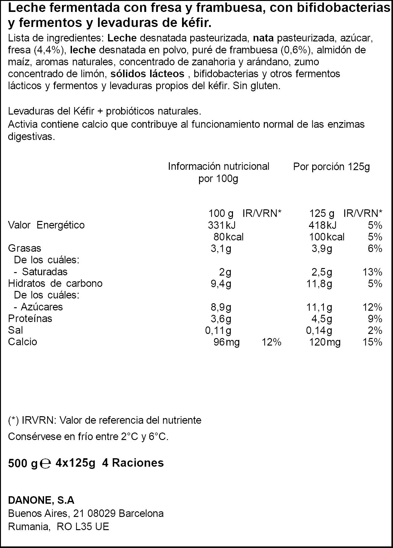 Kefir fresa frambuesa activia Danone p4 125g/u