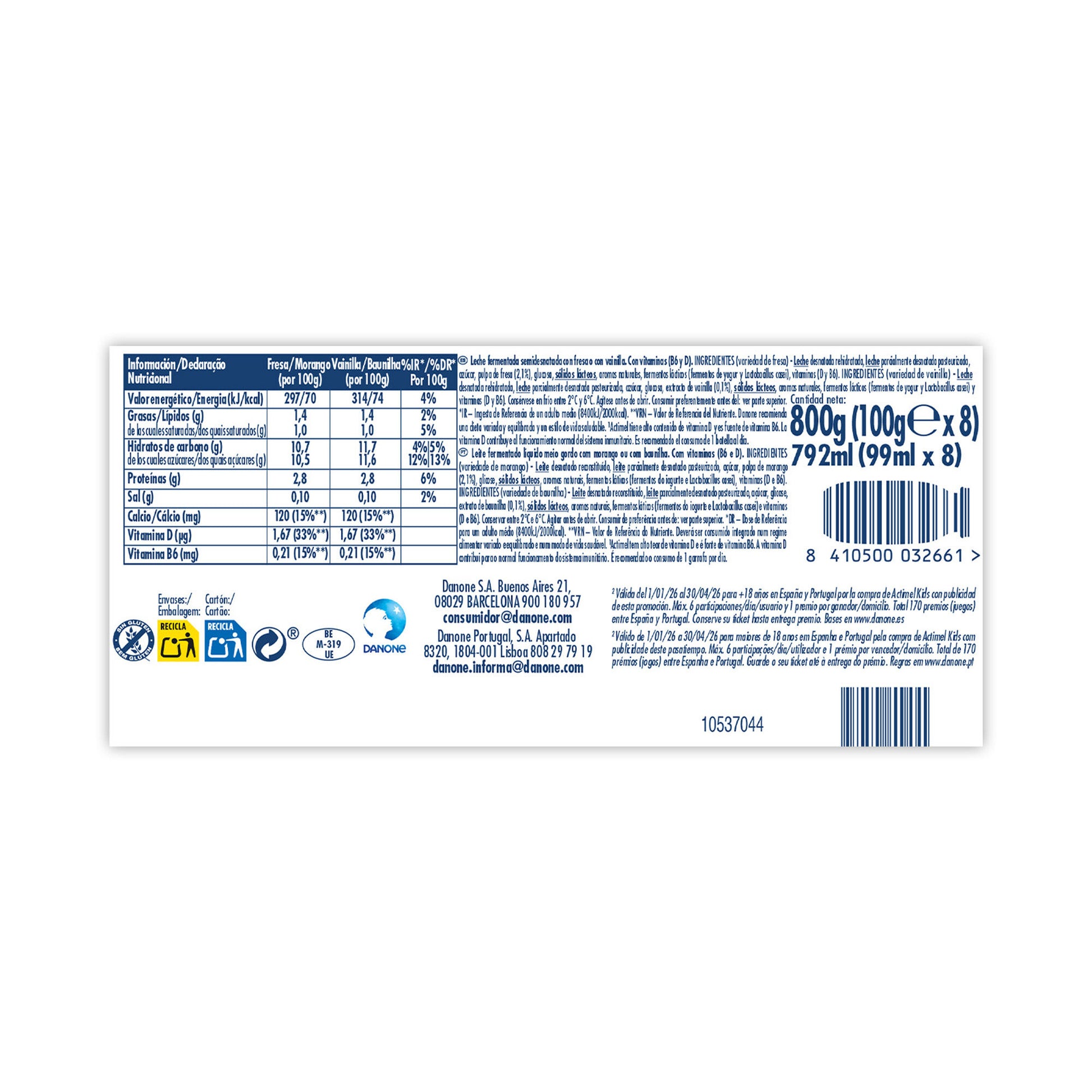 Yogur liquido fresa/vainilla actimel Danone p8 100g/u