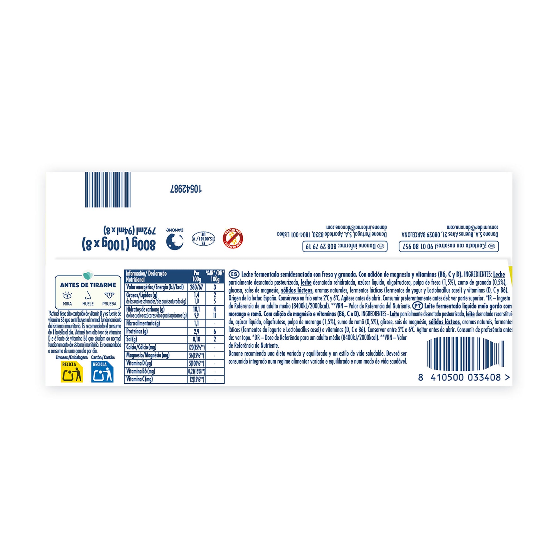 Yogur liquido fresa y granada actimel Danone p6+2 100g/u