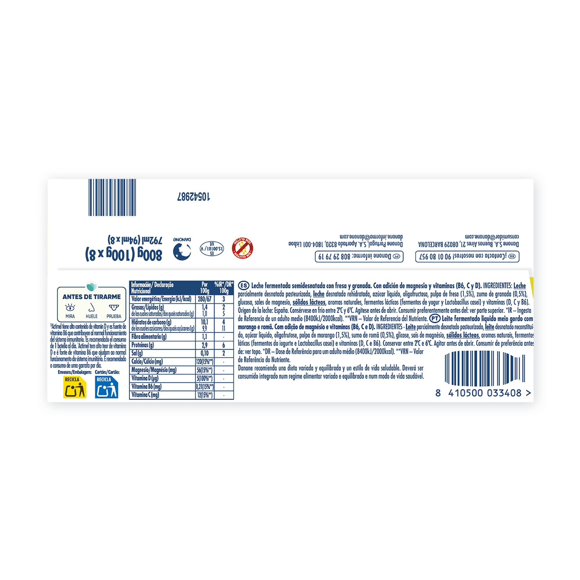 Yogur liquido fresa y granada actimel Danone p6+2 100g/u