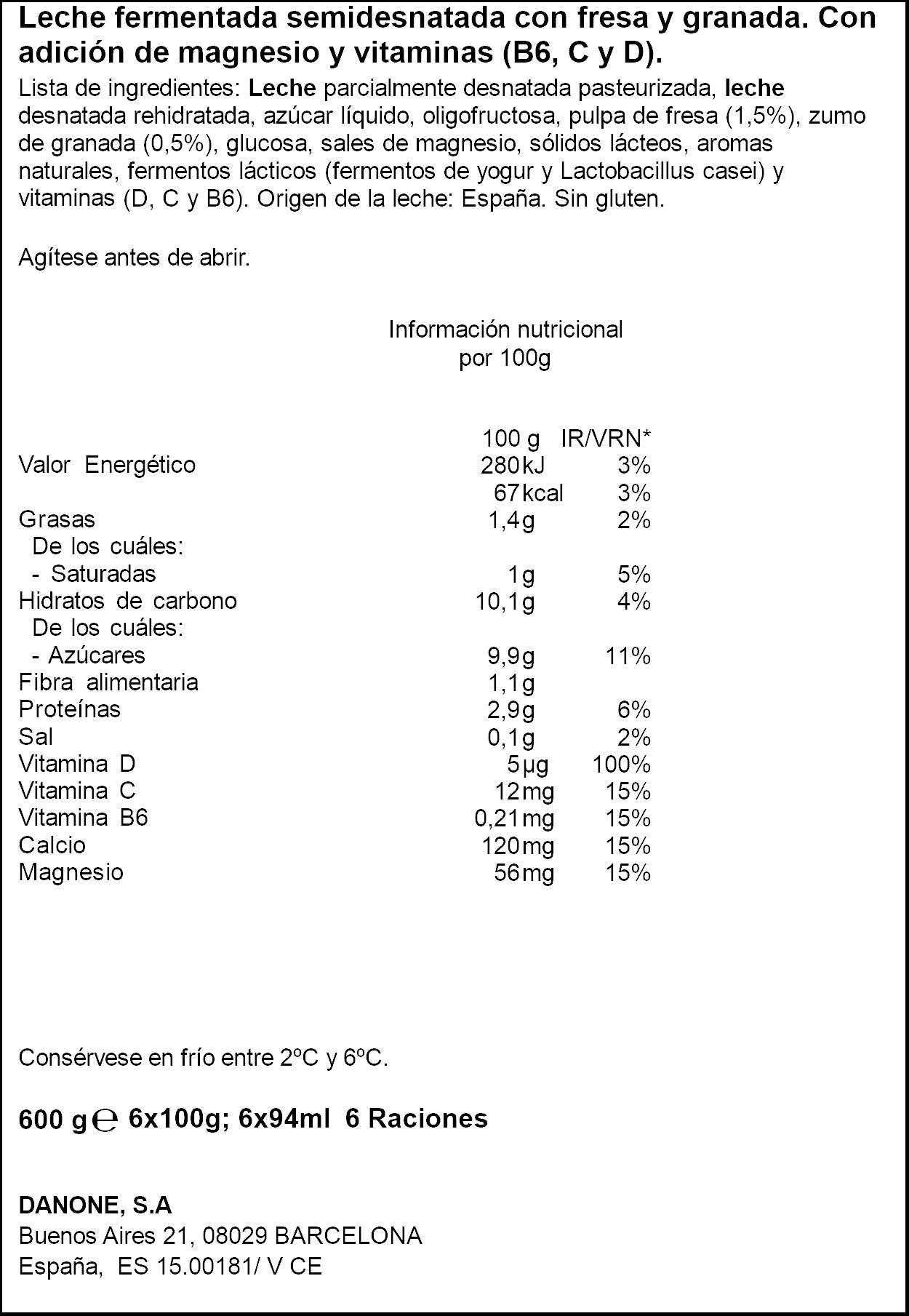 Yogur liquido fresa y granada actimel Danone p6+2 100g/u