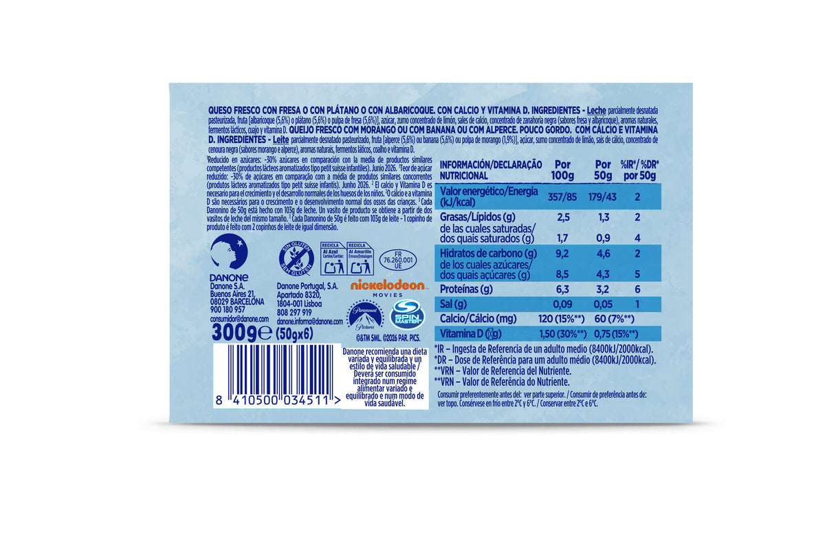 Petit suise fres/plat/albar menos azucares Danonino p6 50g/u