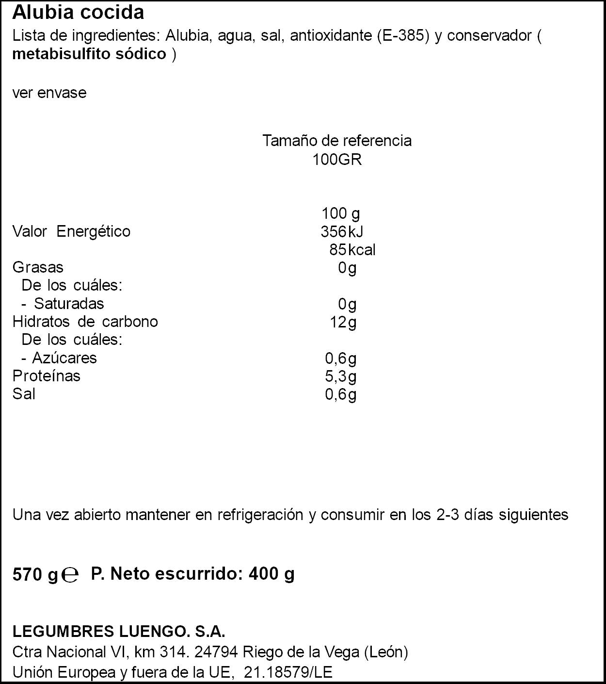 Alubia riñon cocida cristal Luengo origen 400g escurr