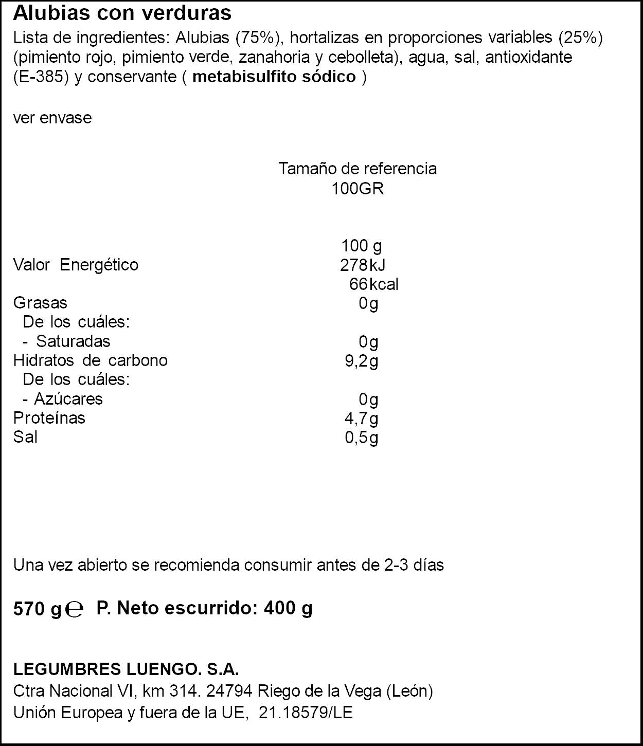 Alubia cocida c/verdura cristal Luengo 400g escur