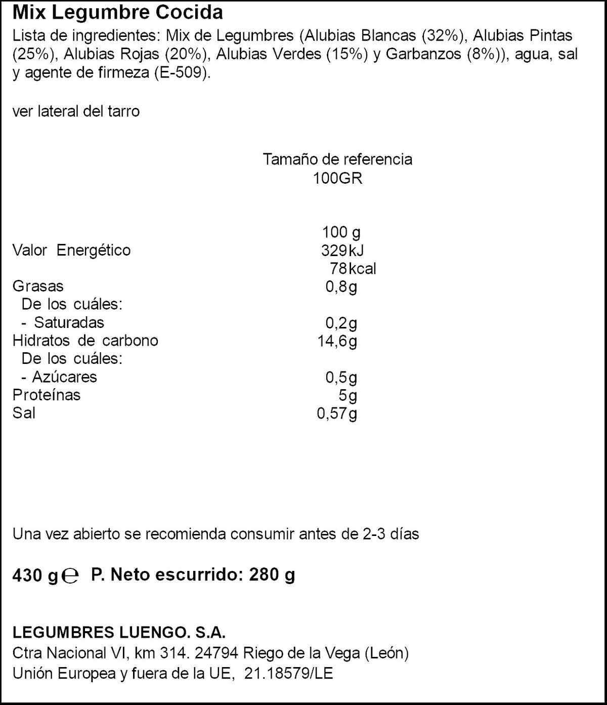 Coctel alubias cocidas Luengo 280g escurr