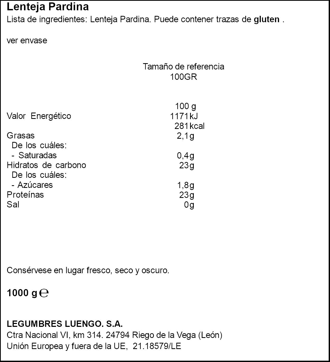 Lenteja pardina Luengo 1kg