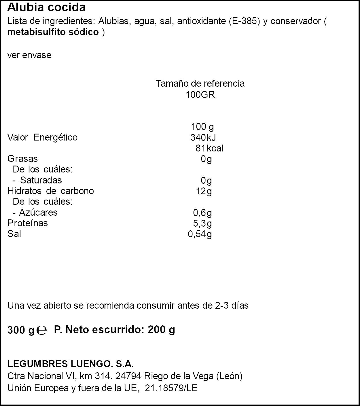 Alubia cocida blanca cristal Luengo 200g escurr