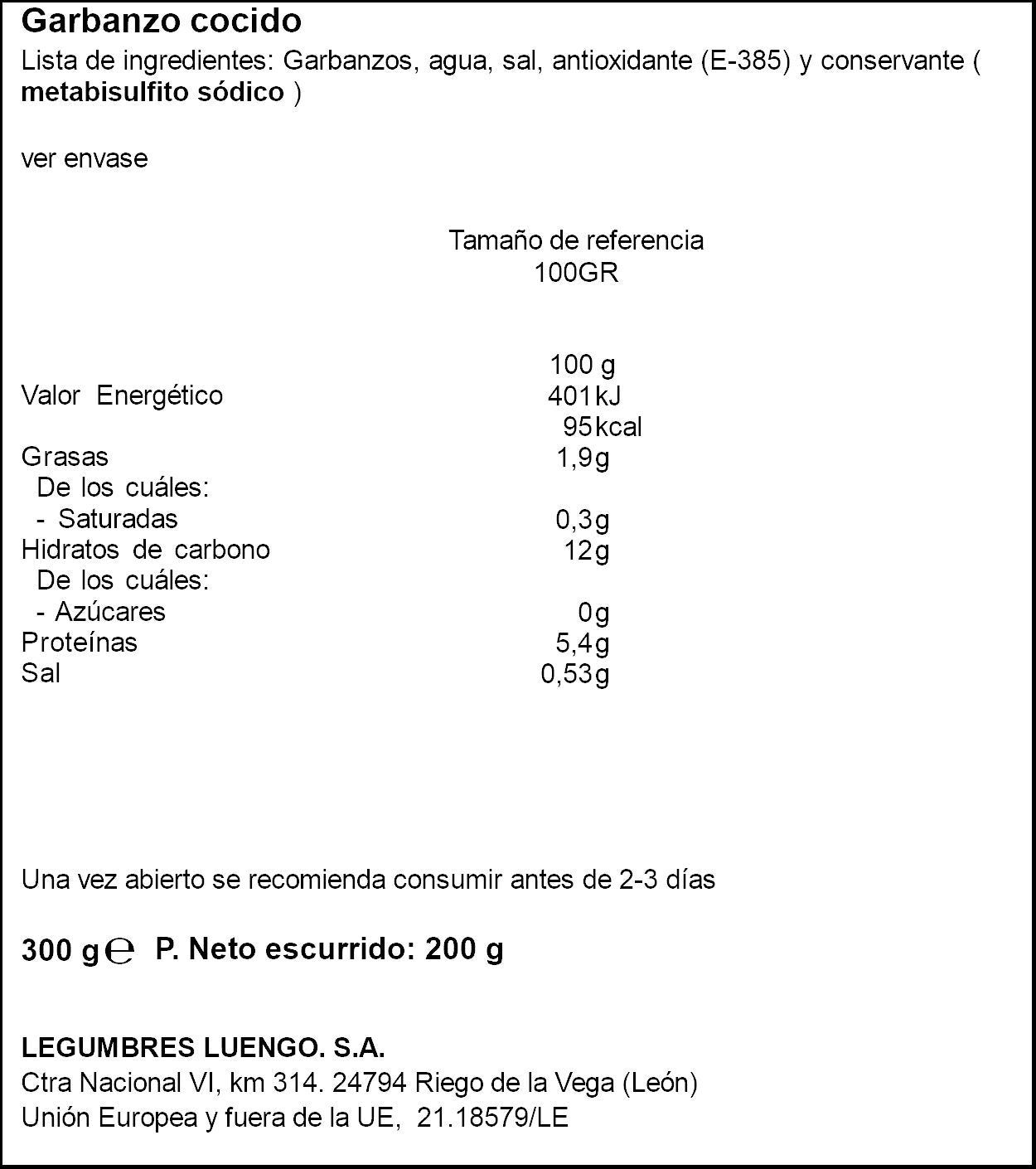 Garbanzo cocido cristal Luengo 200g escurr