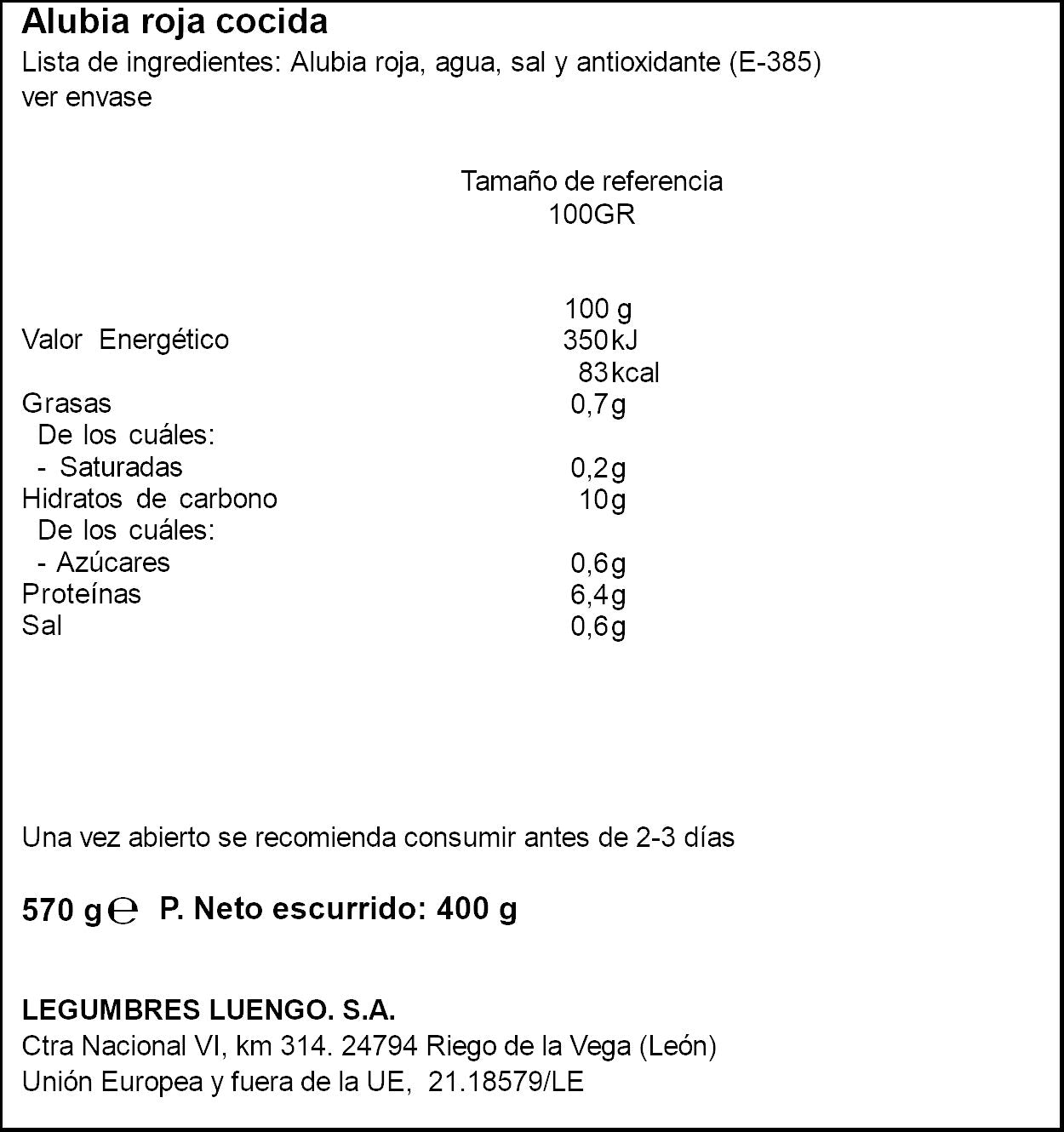 Alubia roja cocida gran seleccion cristal Luengo 400g escurr