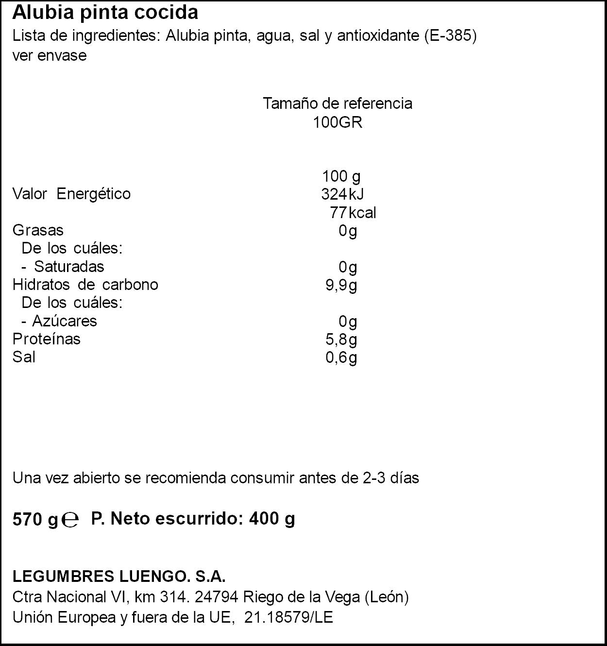 Alubia cocida pinta cristal Luengo 400g escurr