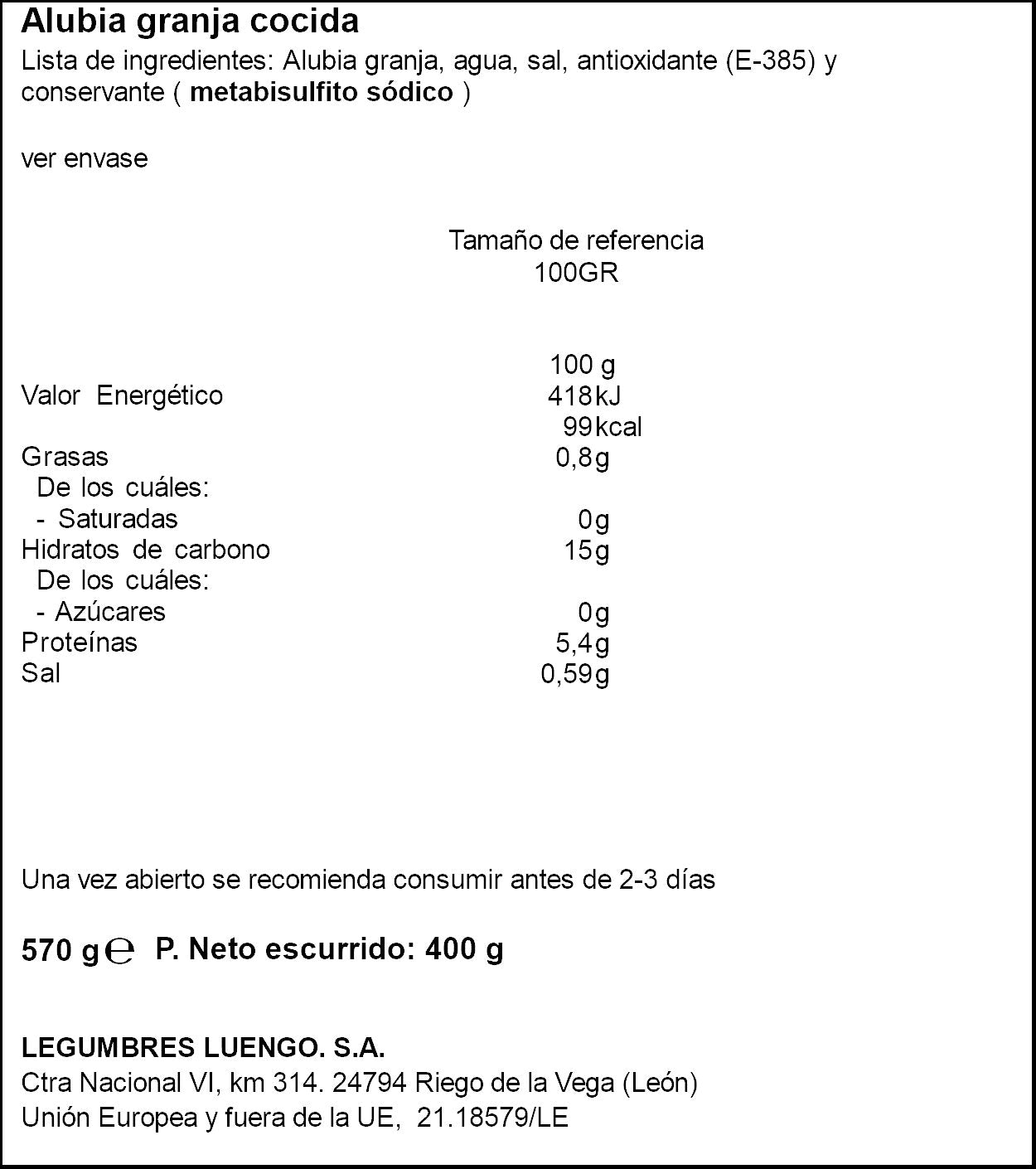 Alubia cocida blanca cristal Luengo 400g escurr