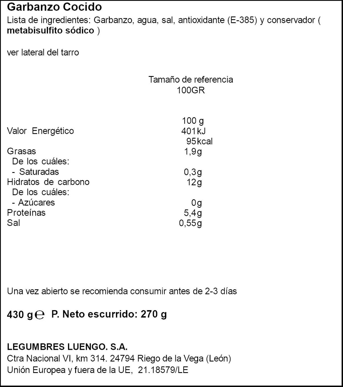 Garbanzo cocido gigante Luengo 270g escurr