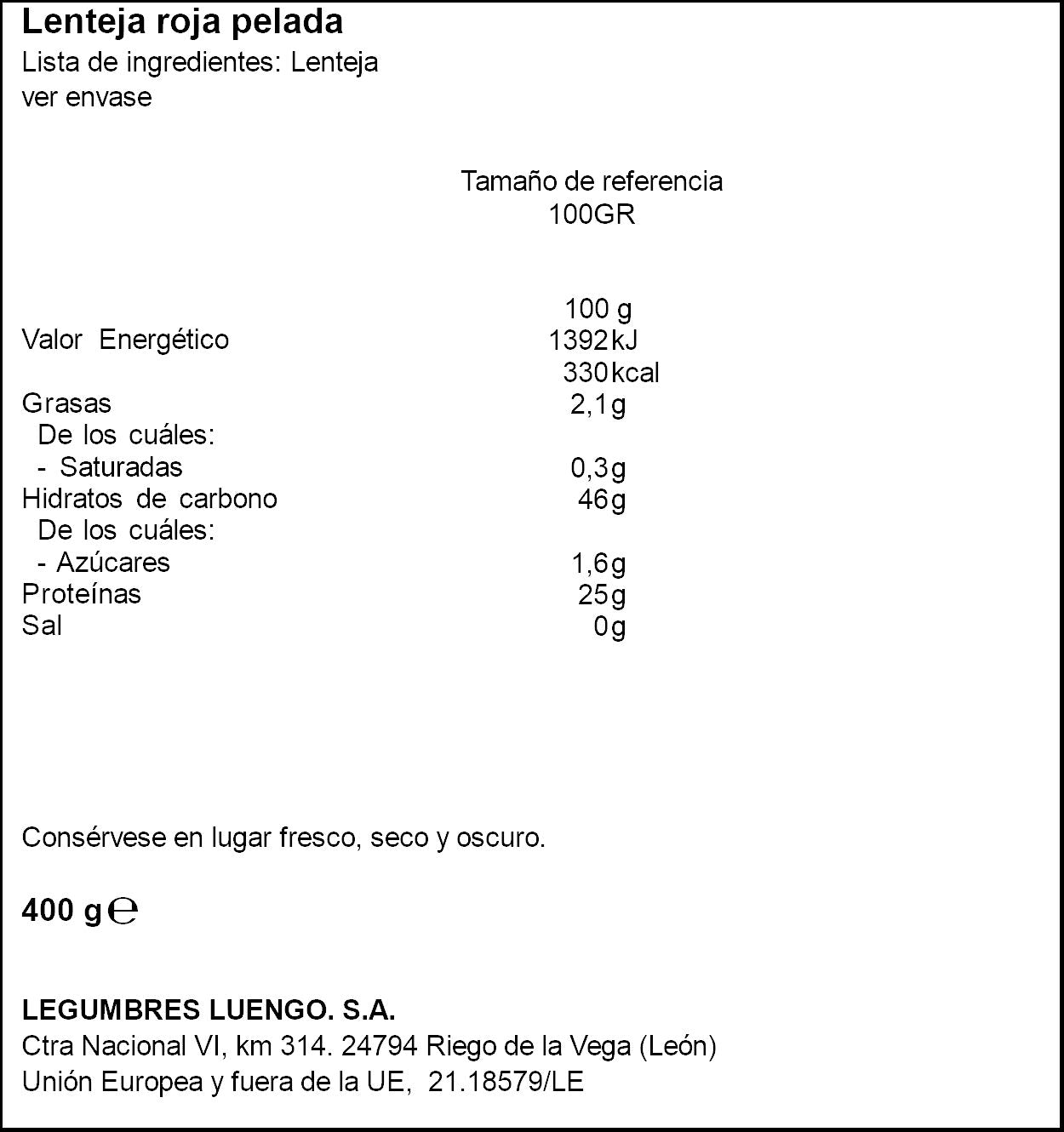 Lenteja roja pelada Luengo 400g