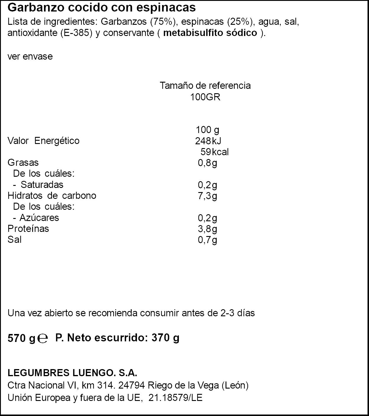 Garbanzo cocido c/espinaca cristal Luengo 400g escurr
