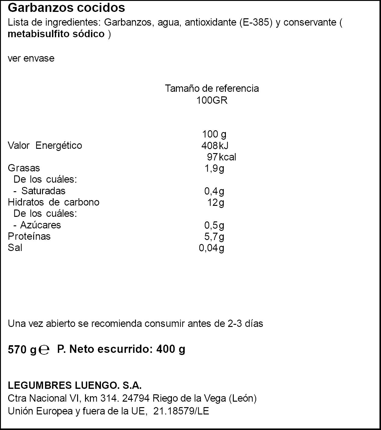 Garbanzo cocido s/sal cristal Luengo 400g escurr