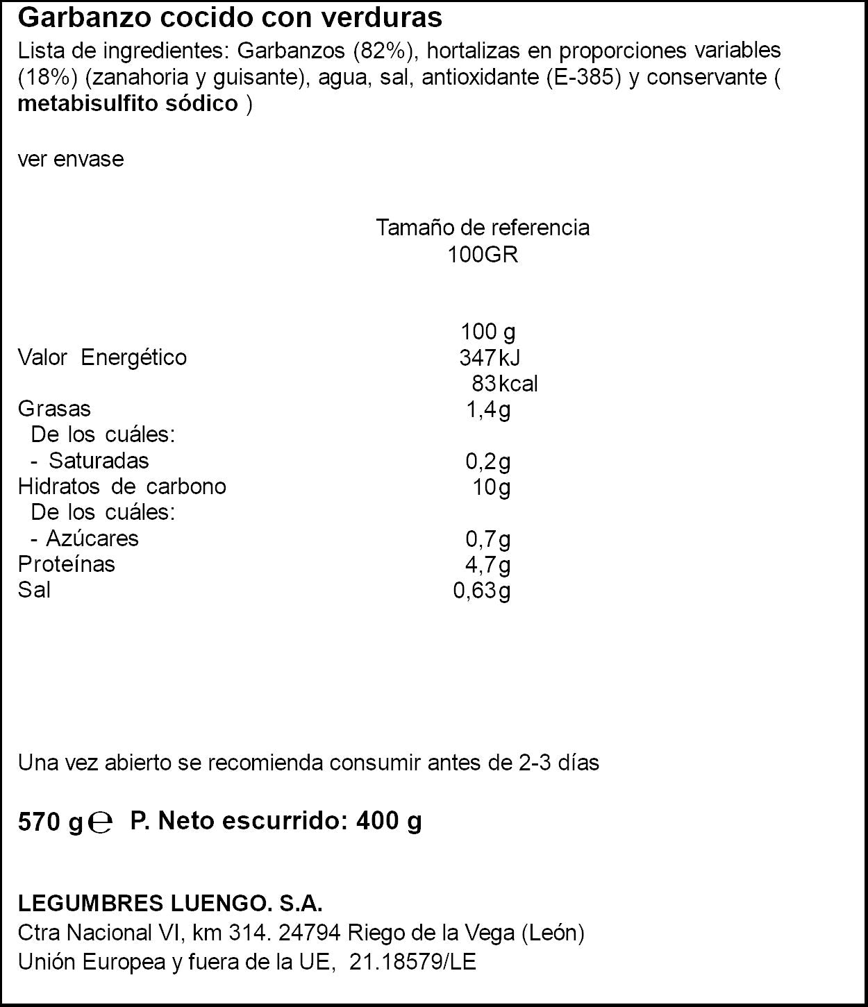 Garbanzos cocidos c/verduras cristal Luengo 400g escur