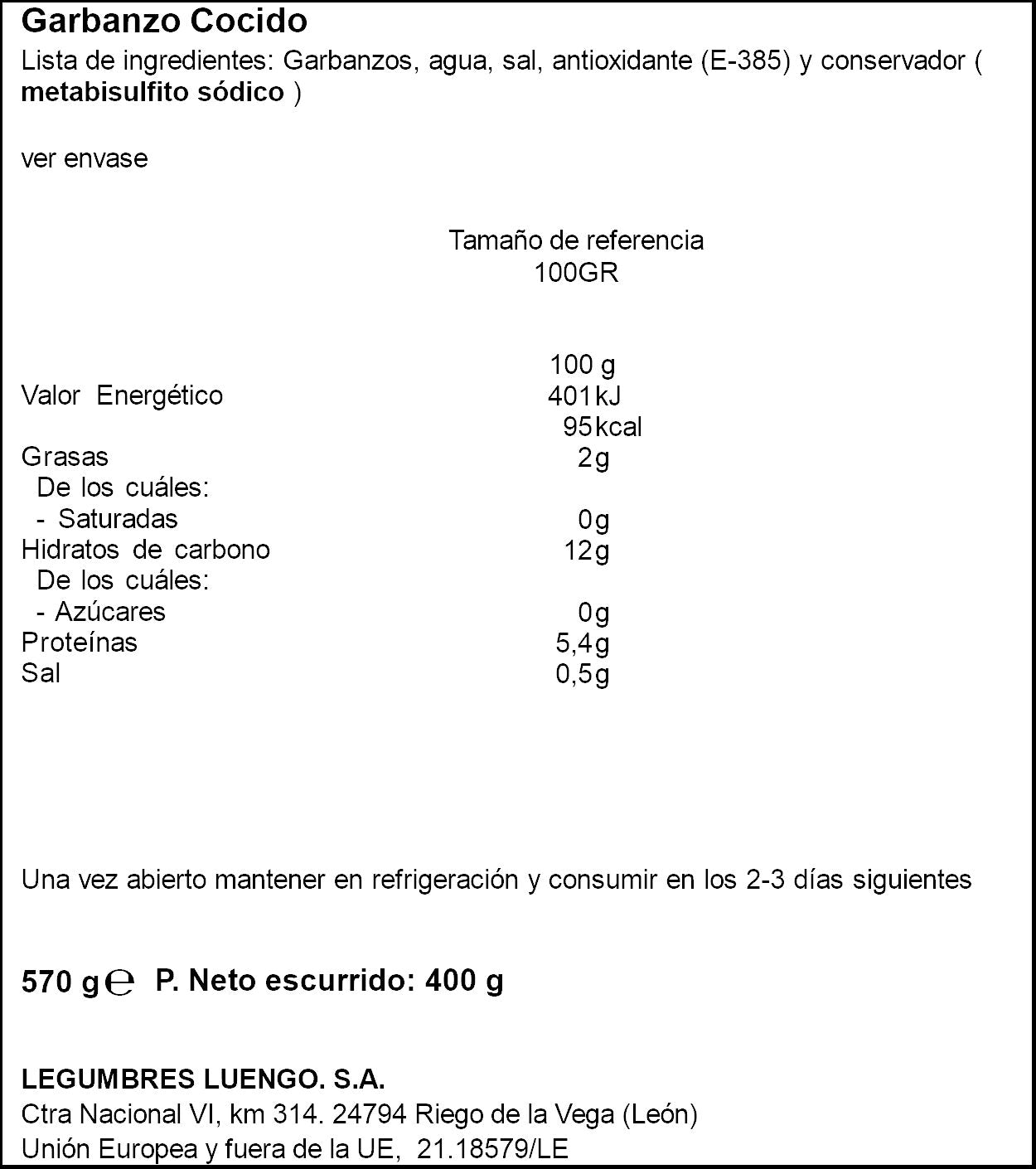 Garbanzo cocido cristal Luengo origen 400g escurr