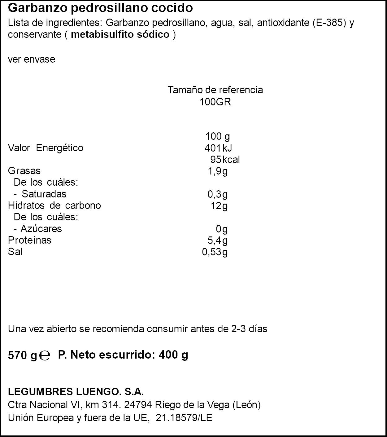 Garbanzos cocido pedrosillano cristal Luengo 400g escur