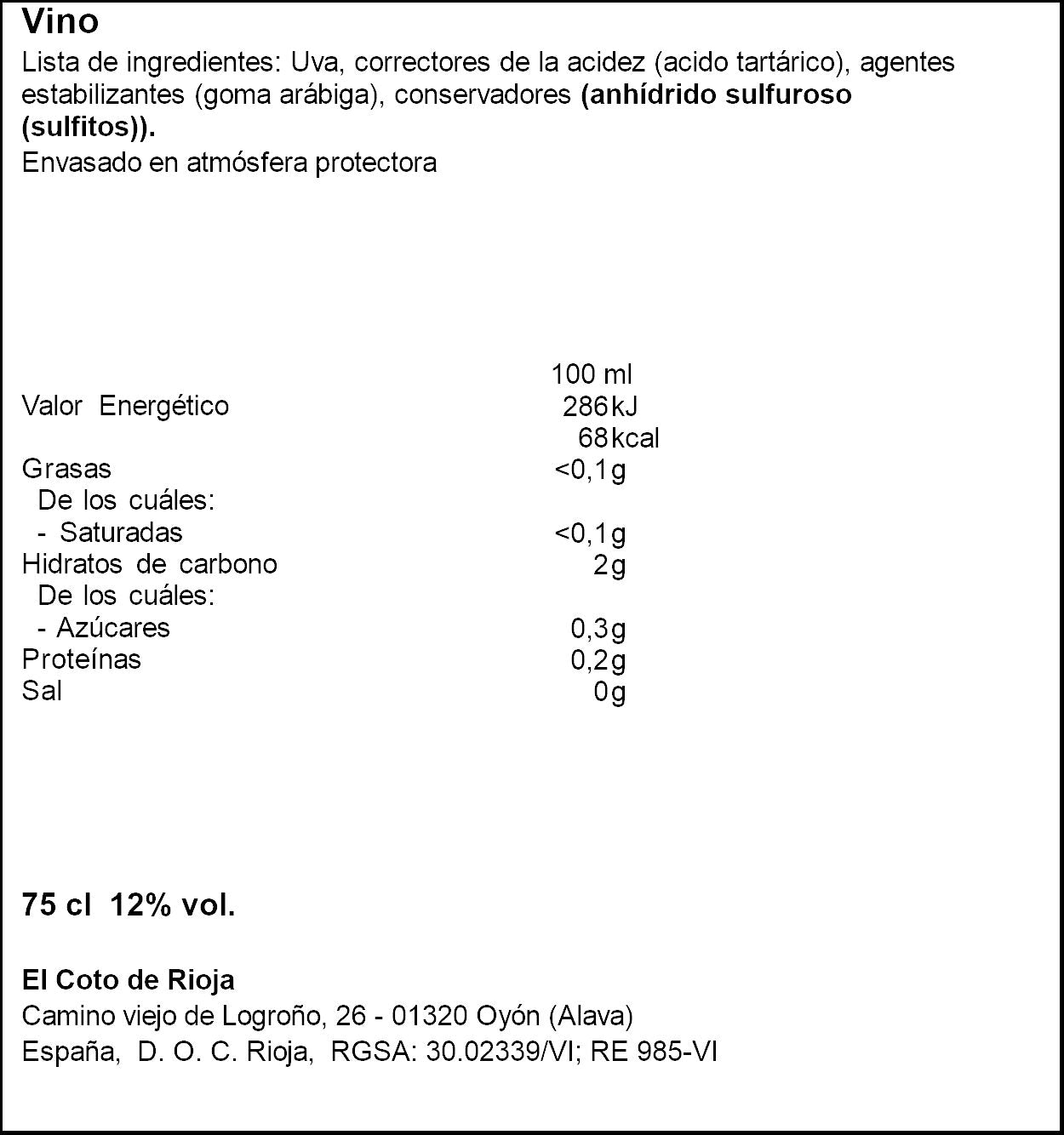 Vino blanco rioja viura El coto  750ml
