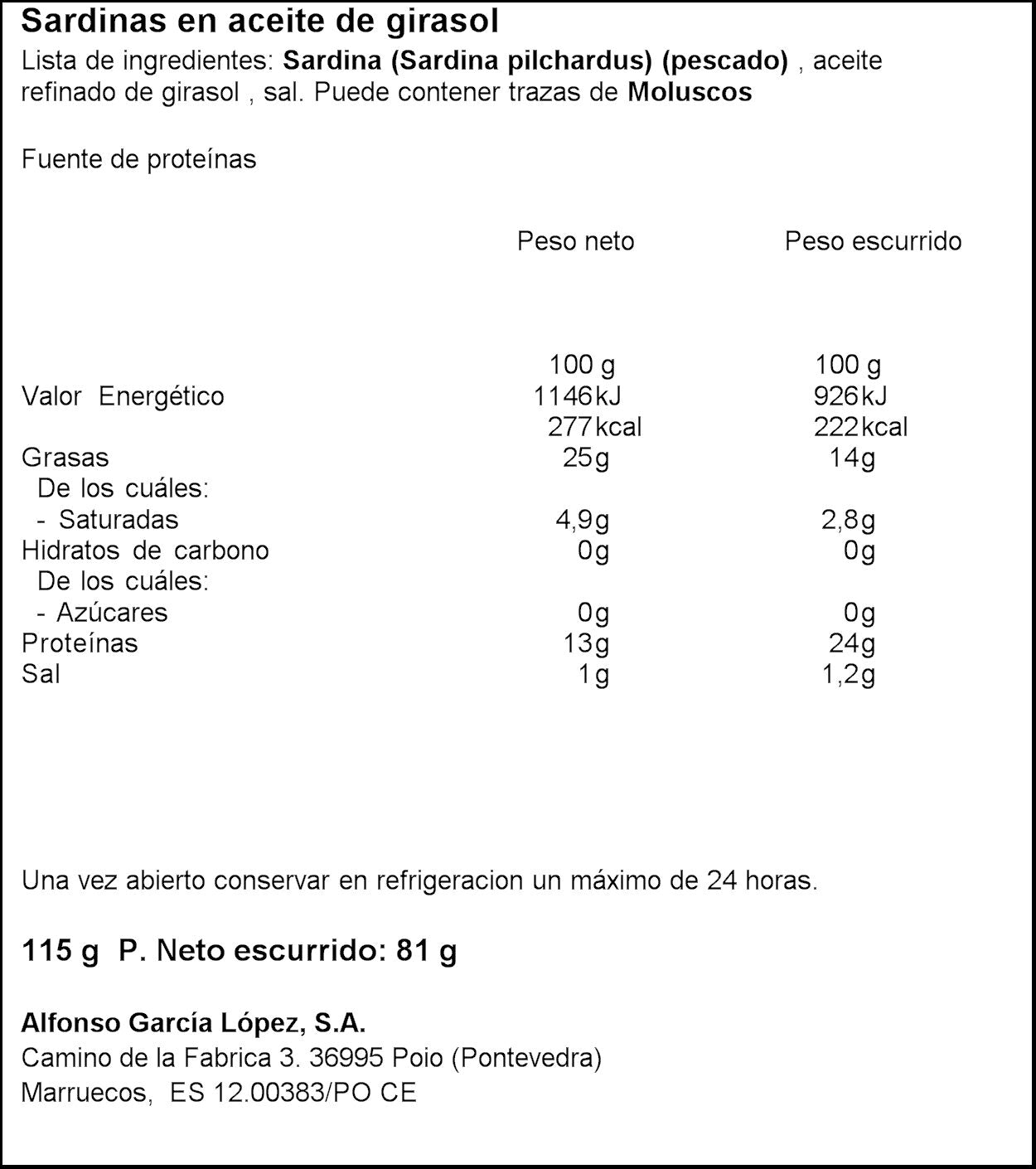 Sardinas aceite girasol Pescamar 81g escurr