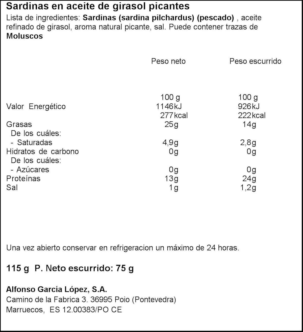 Sardinas aceite girasol picante Pescamar 81g escurr