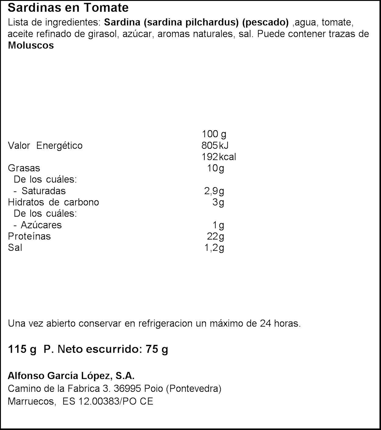 Sardinas en tomate Pescamar 75g escurr