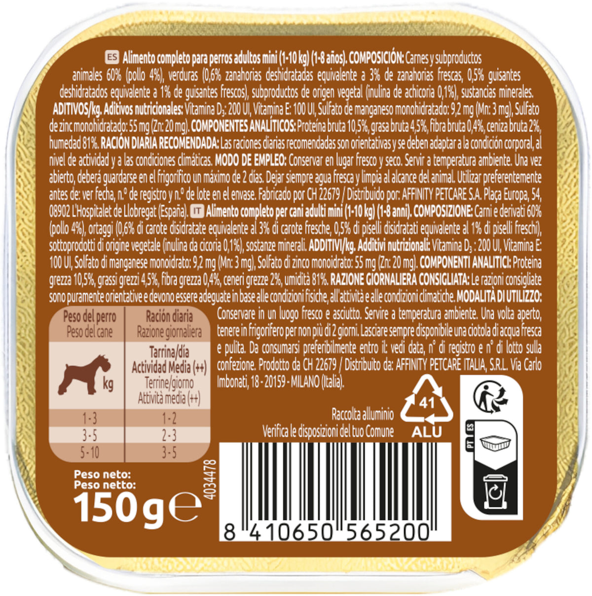 Comida humeda perro mini pollo tarrina Ultima 150g