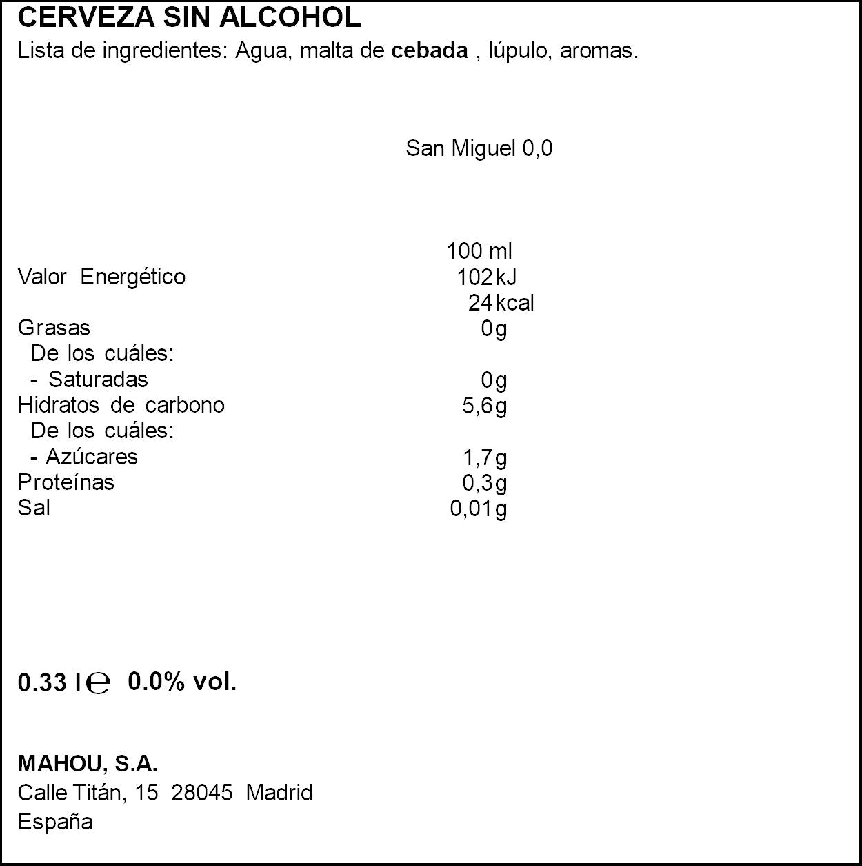 Cerveza rubia s/alcohol lata San miguel 330ml