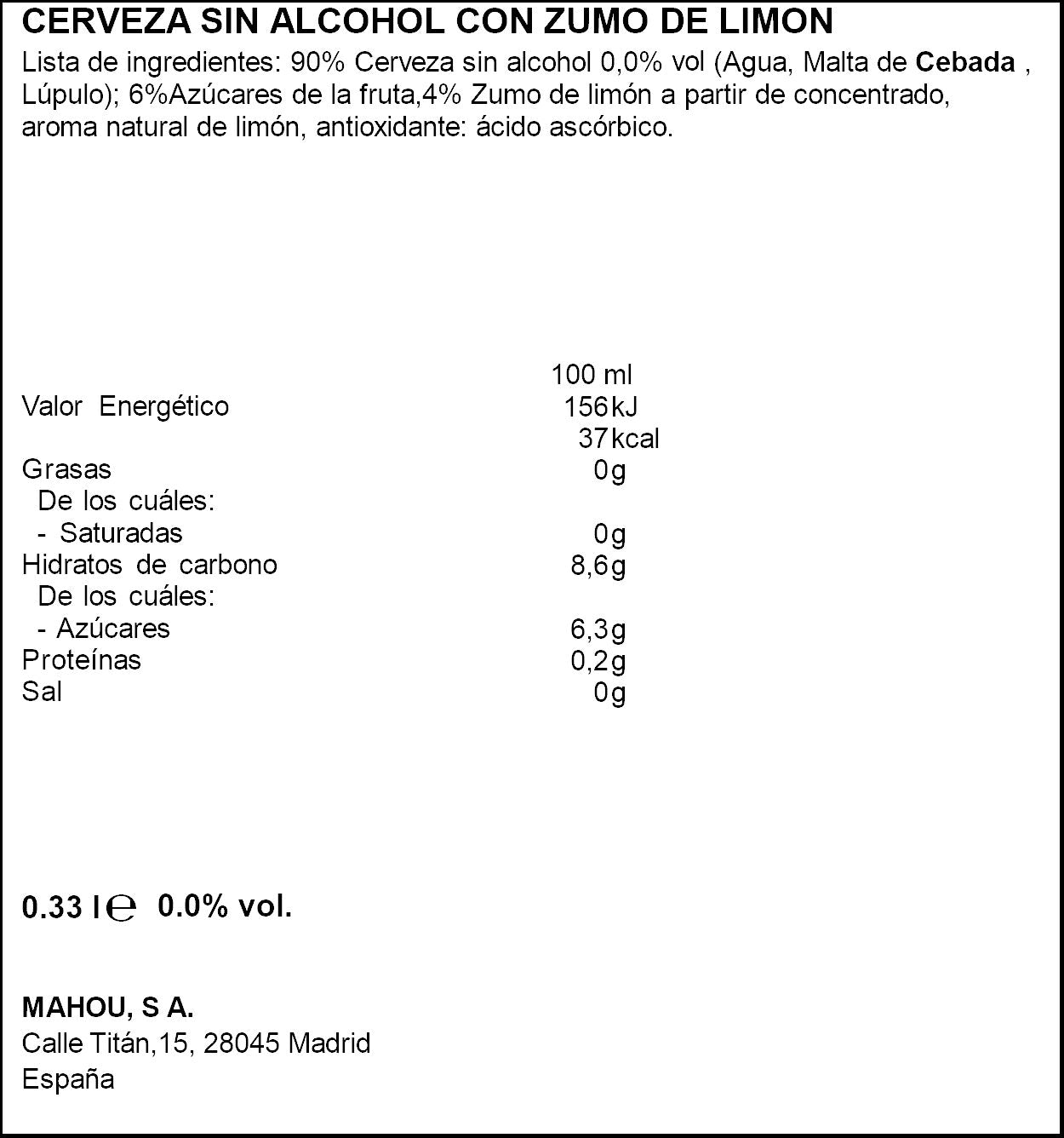 Cerveza limón s/alcohol lata San miguel radler 330ml