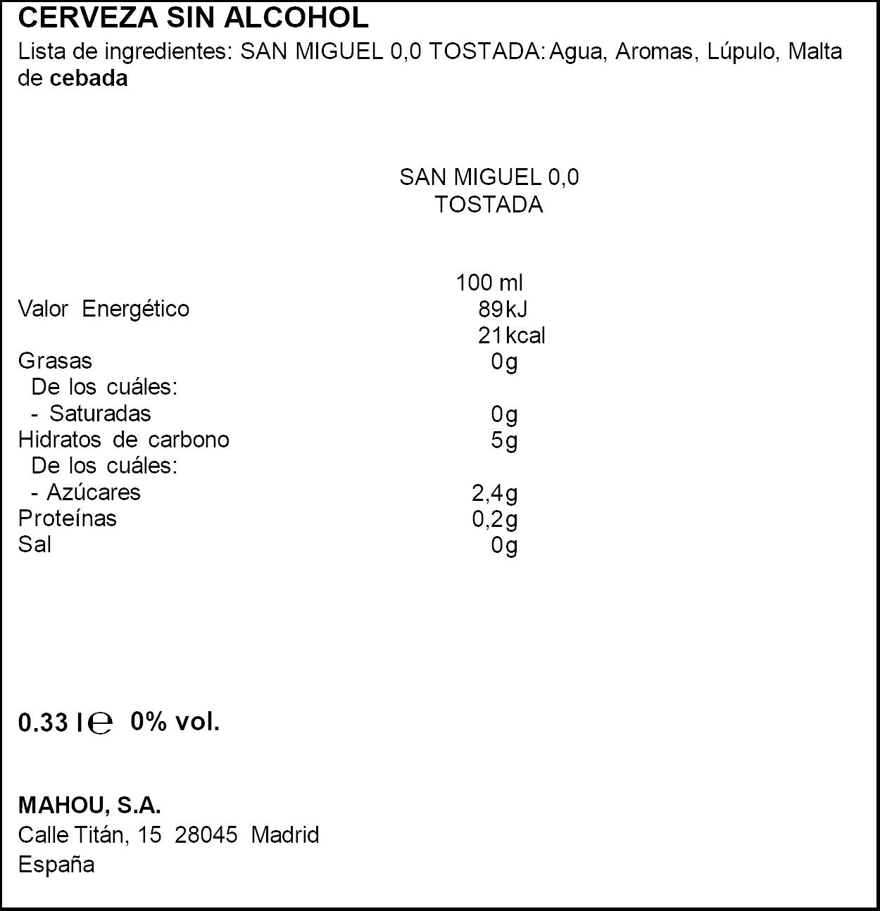 Cerveza tostada 0.0 lata San miguel 330ml