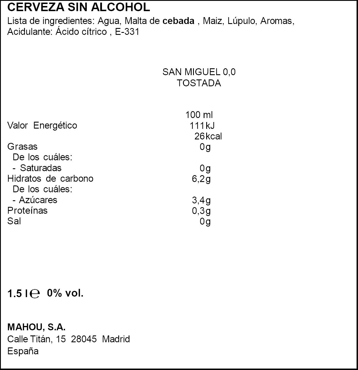 Cerveza s/alcohol tostada cristal San miguel p6 250ml/u