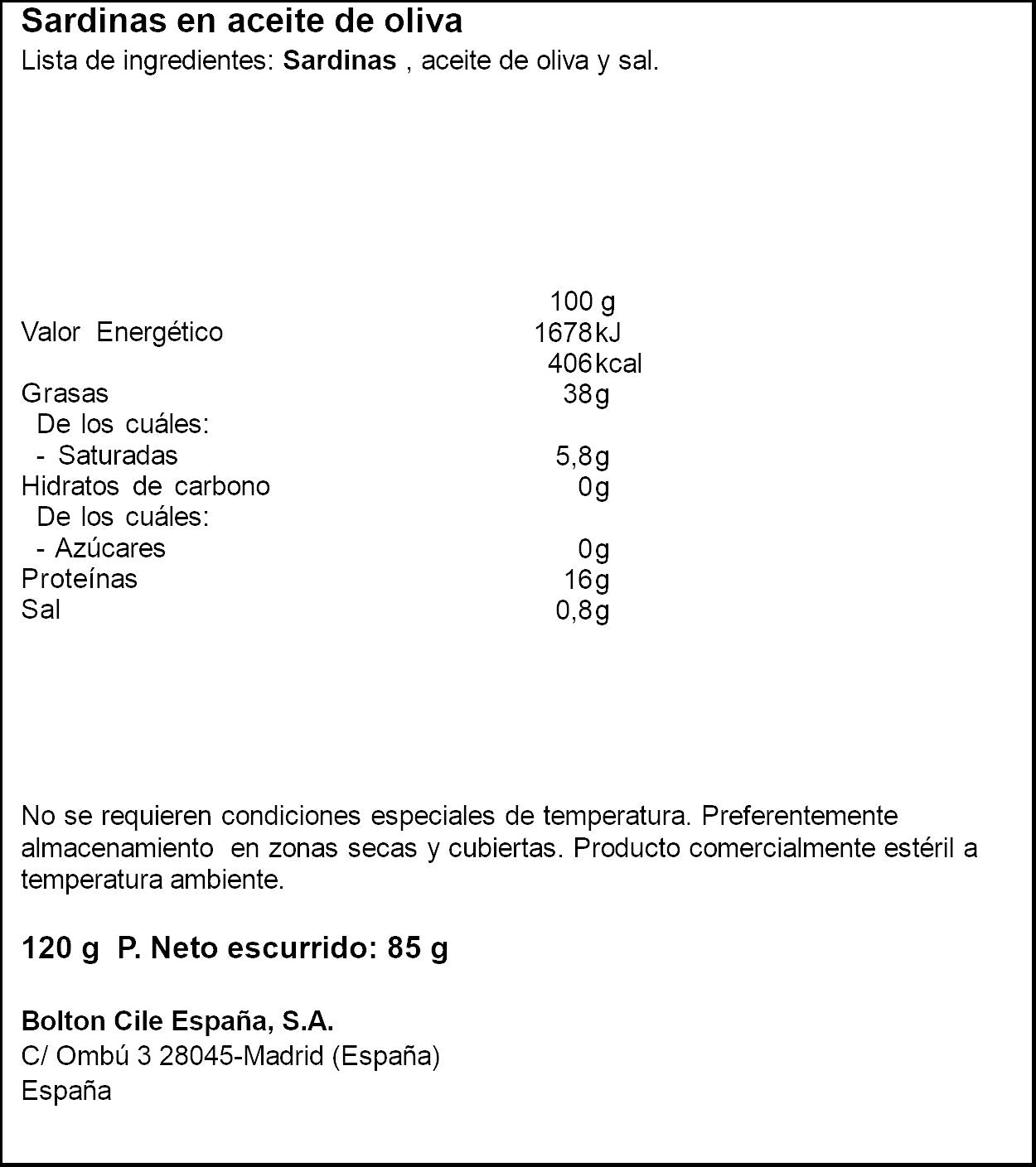 Sardina aceite oliva 3/4 lata Cuca 85g escurr