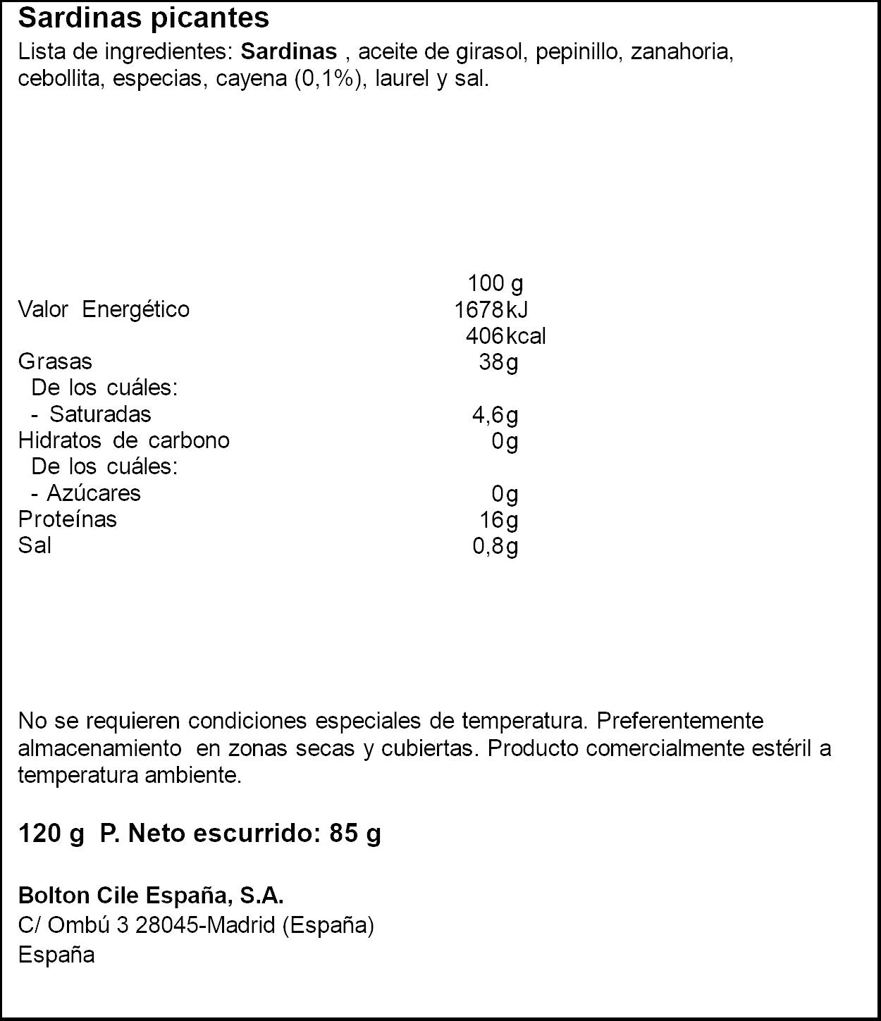 Sardina picante 3/4 lata Cuca  85g escurr
