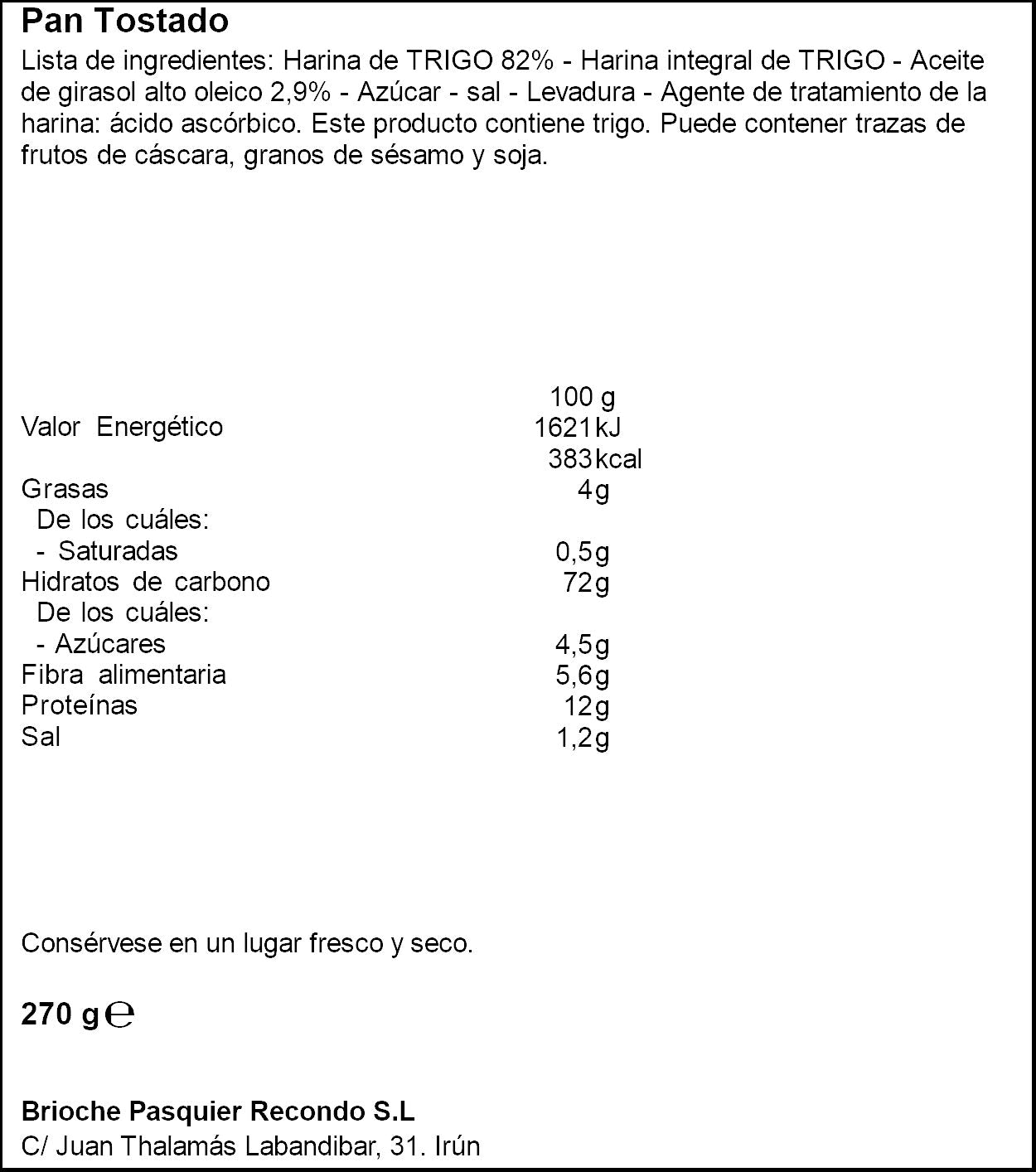 Pan tostado normal Recondo 270g