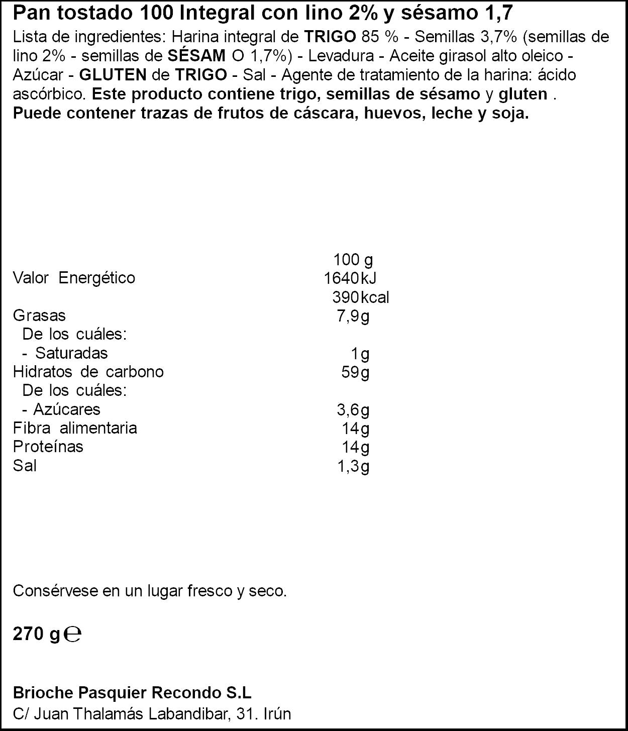 Pan tostado integral 100% Recondo 270g