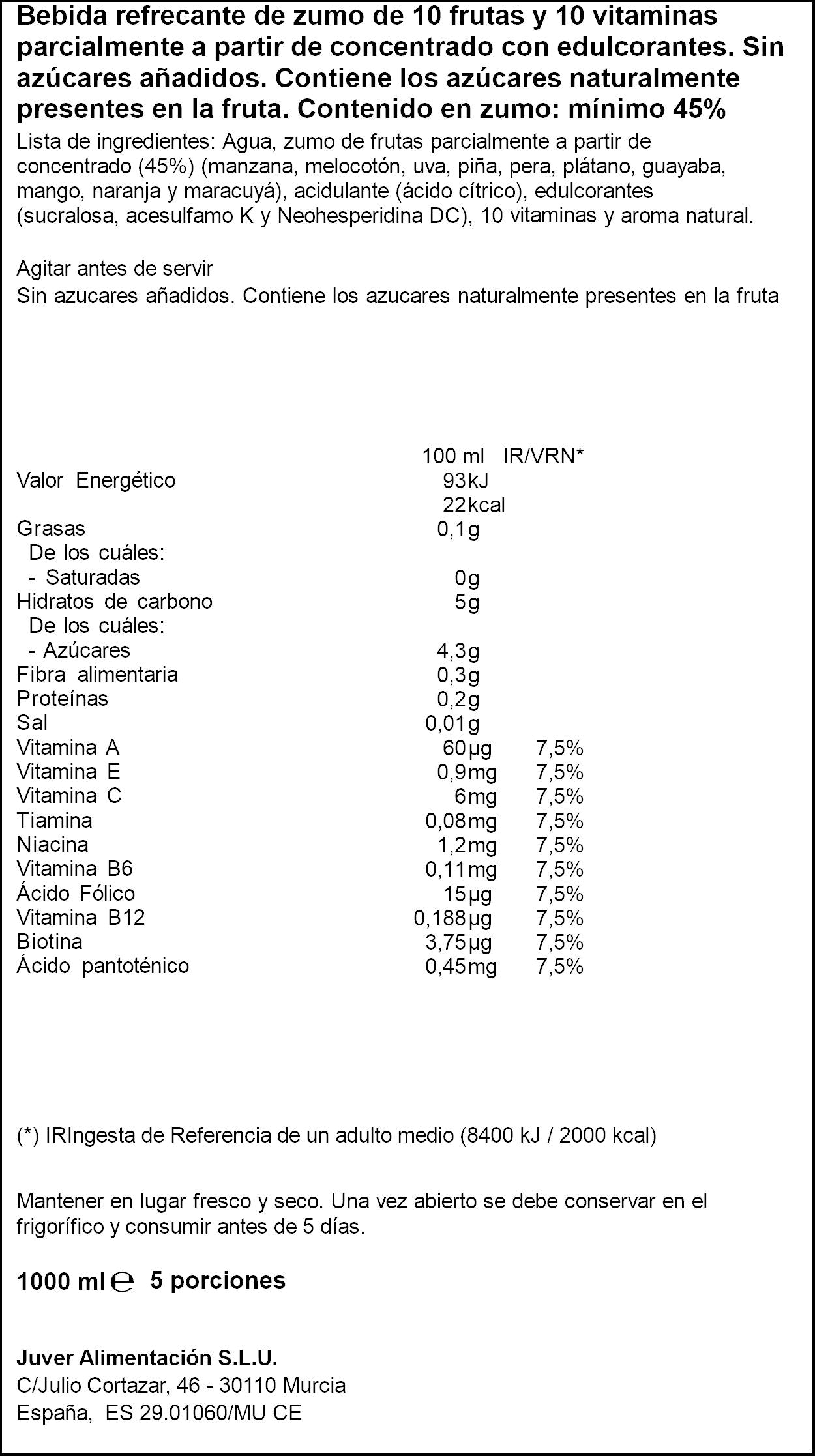Bebidas de frutas 10 frutas + 10 vitaminas Disfruta Juver 1l