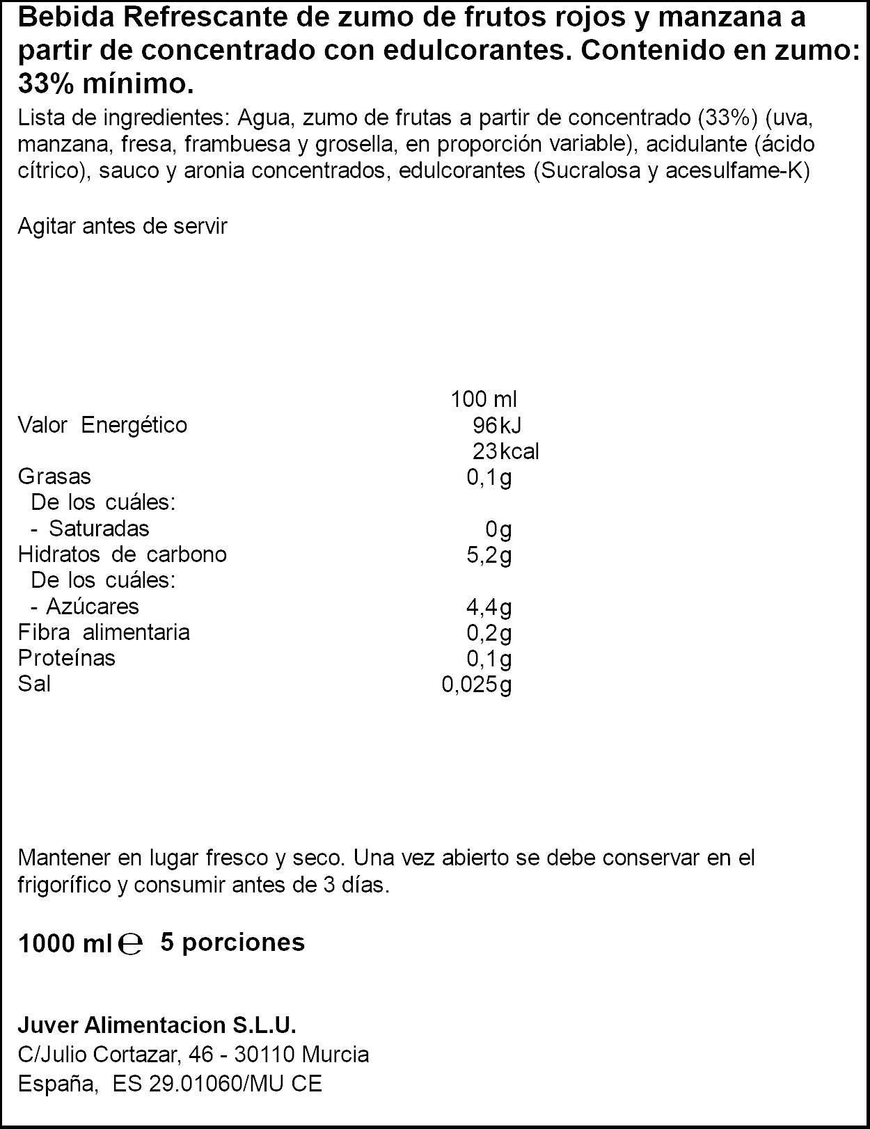 Bebida de zumo frutos rojos/manzana Disfruta Juver 1l