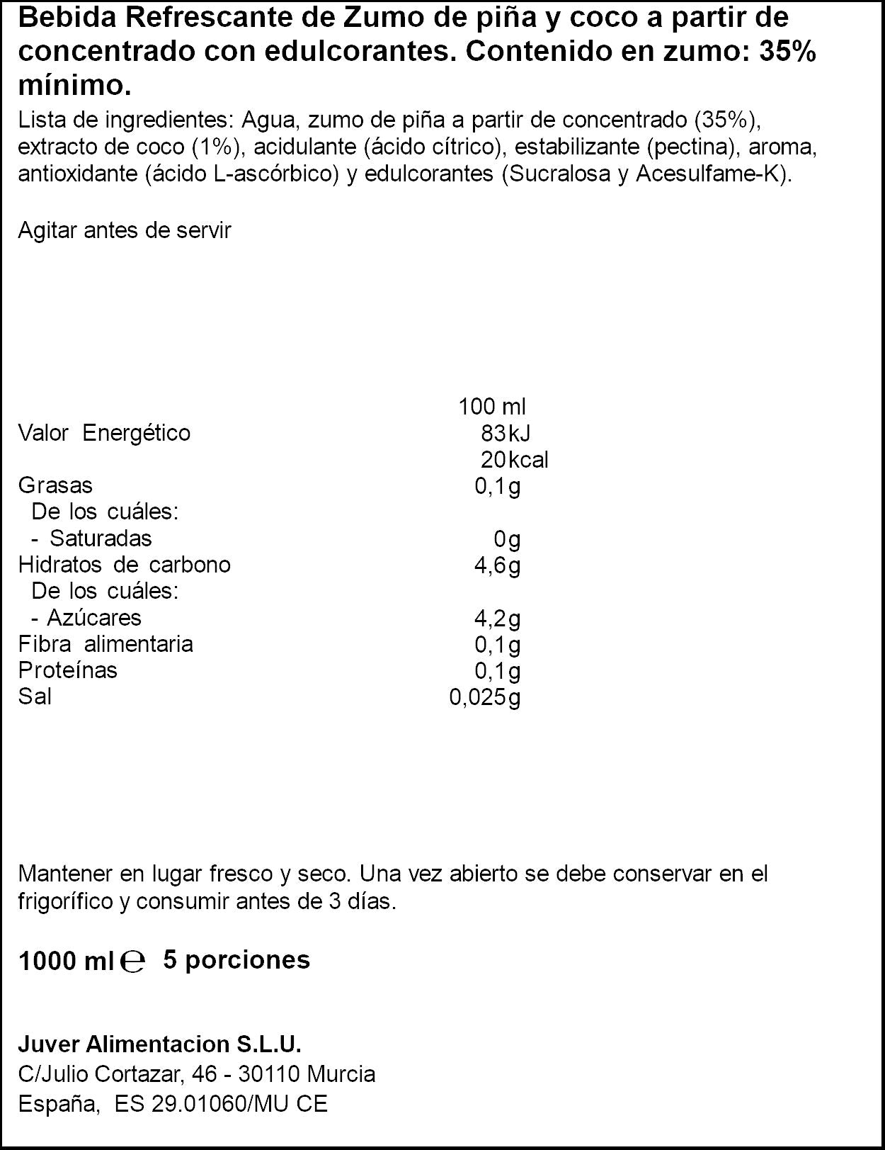Bebida de zumo piña/coco Disfruta Juver 1l