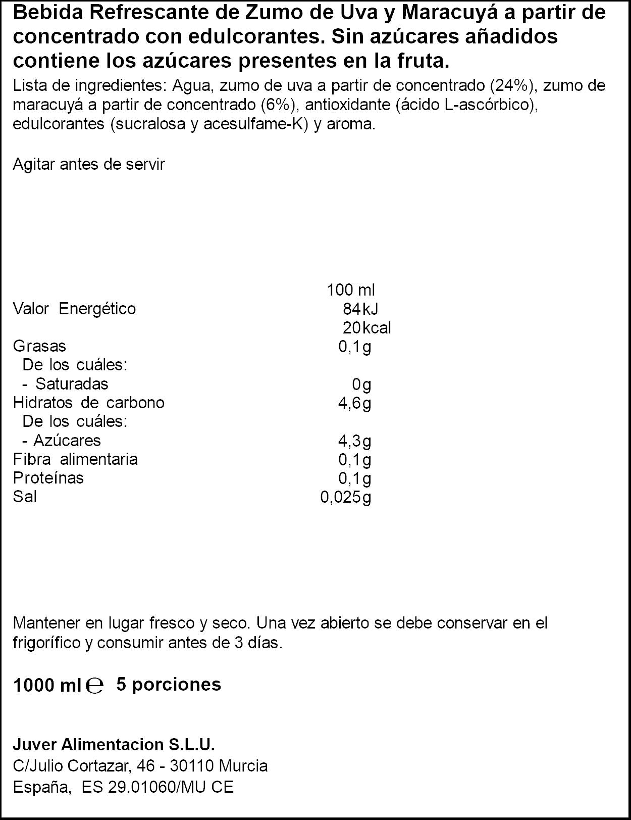 Bebida refresc zumo maracuya disfruta Juver 1l