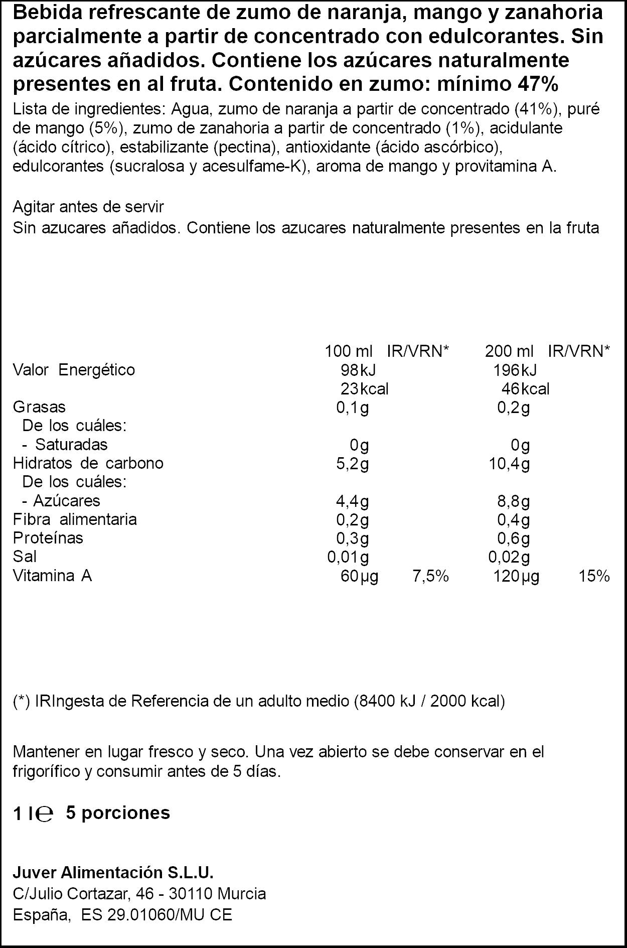 Bebida refrescante zumo Naranja/mango/zanahoria Juver 1l