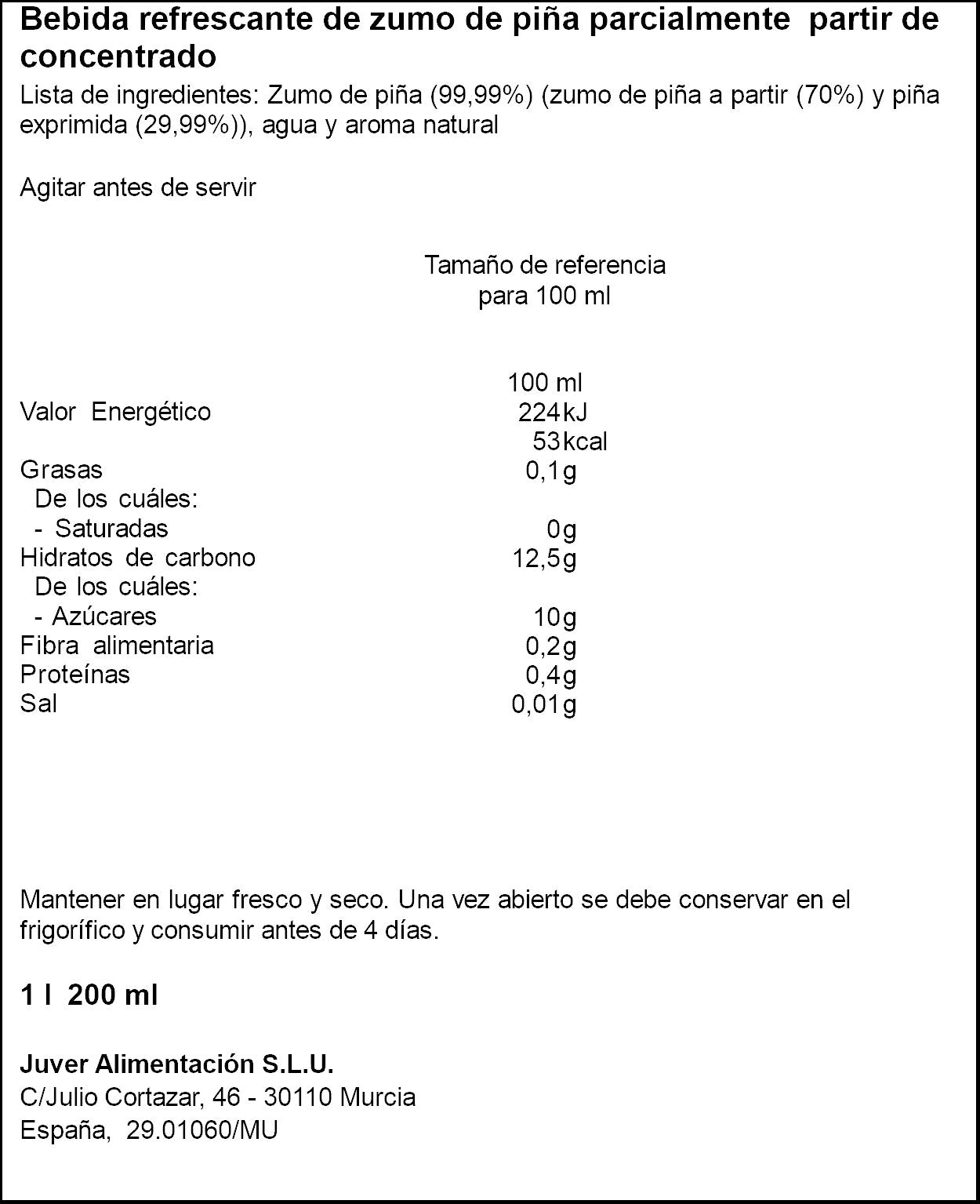 Zumo concentrado c/piña exprimida 100% free Juver 1l