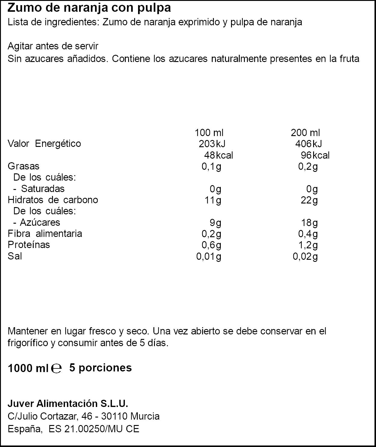 Zumo naranja c/pulpa exprimida Juver 1l
