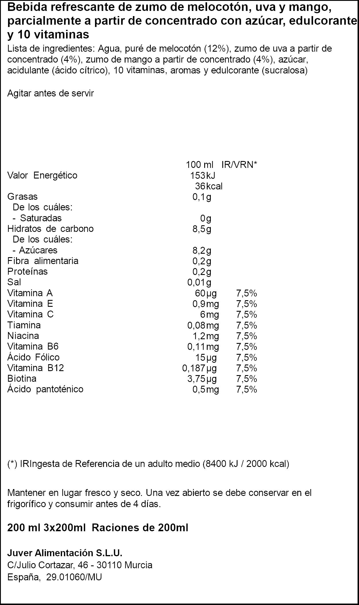 Bebida de zumo multivitaminas Juver p3 200ml/u