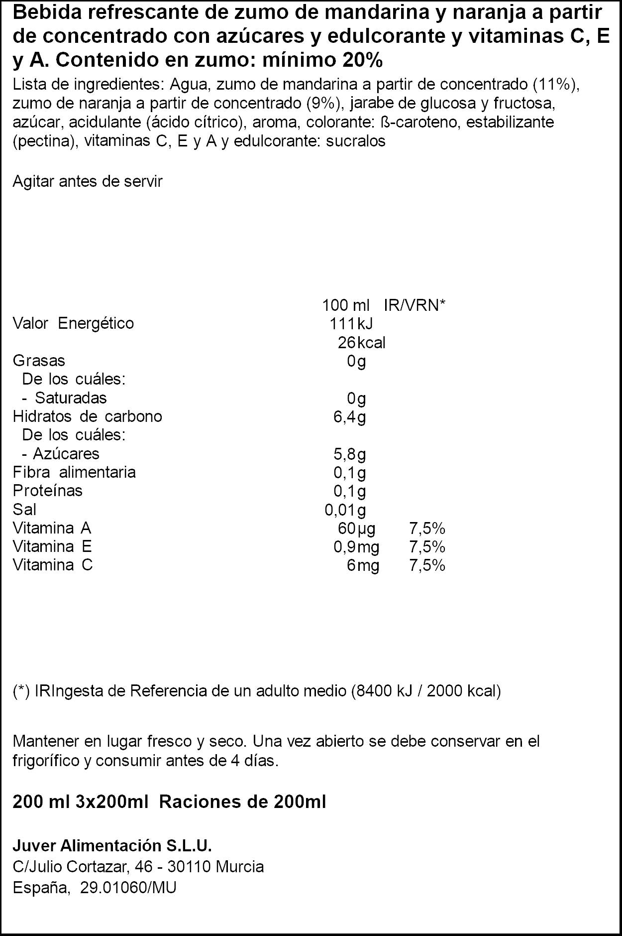 Bebida resfresc zumo naranj/mand florida Juver p3 200ml/u