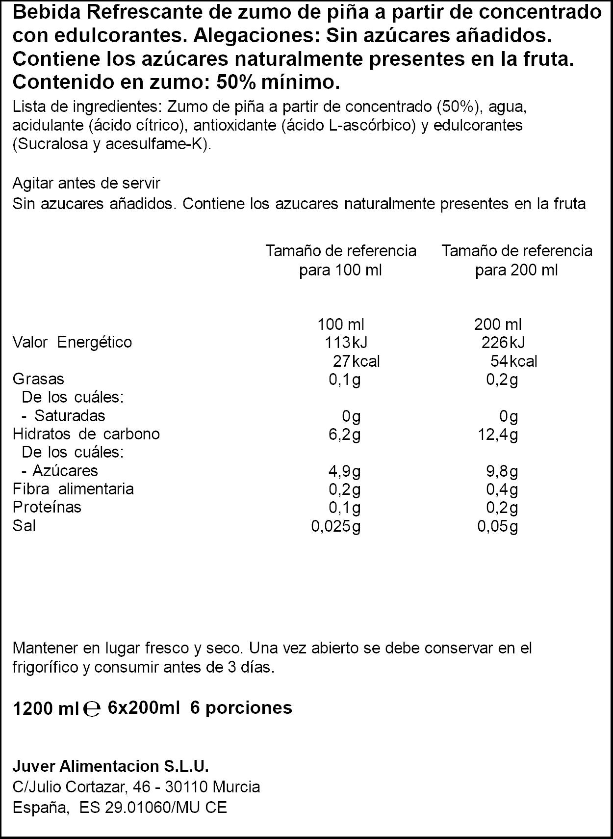 Bebida refrescante piña s/azucar Disfruta Juver p6 200ml/u