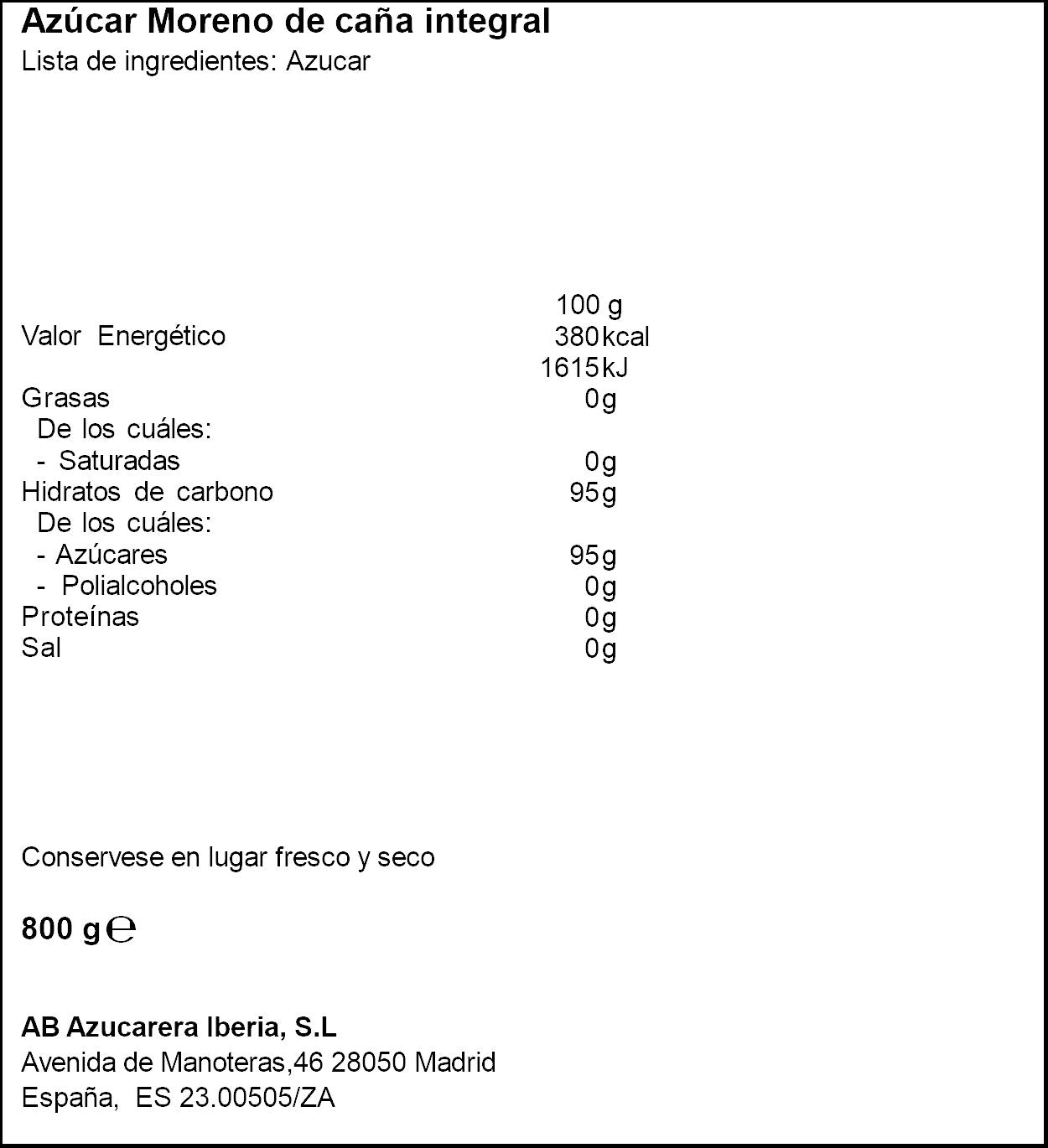 Azúcar moreno integral Azucarera 800g