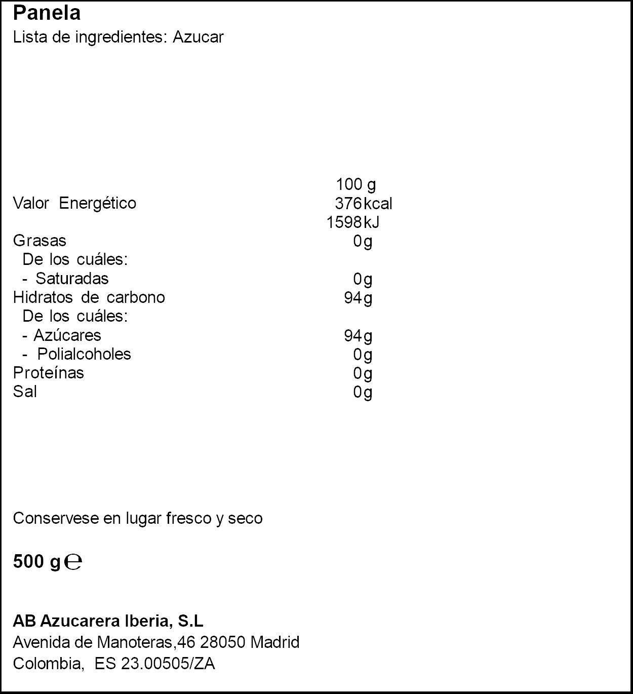 Panela Azucarera bolsa 500g