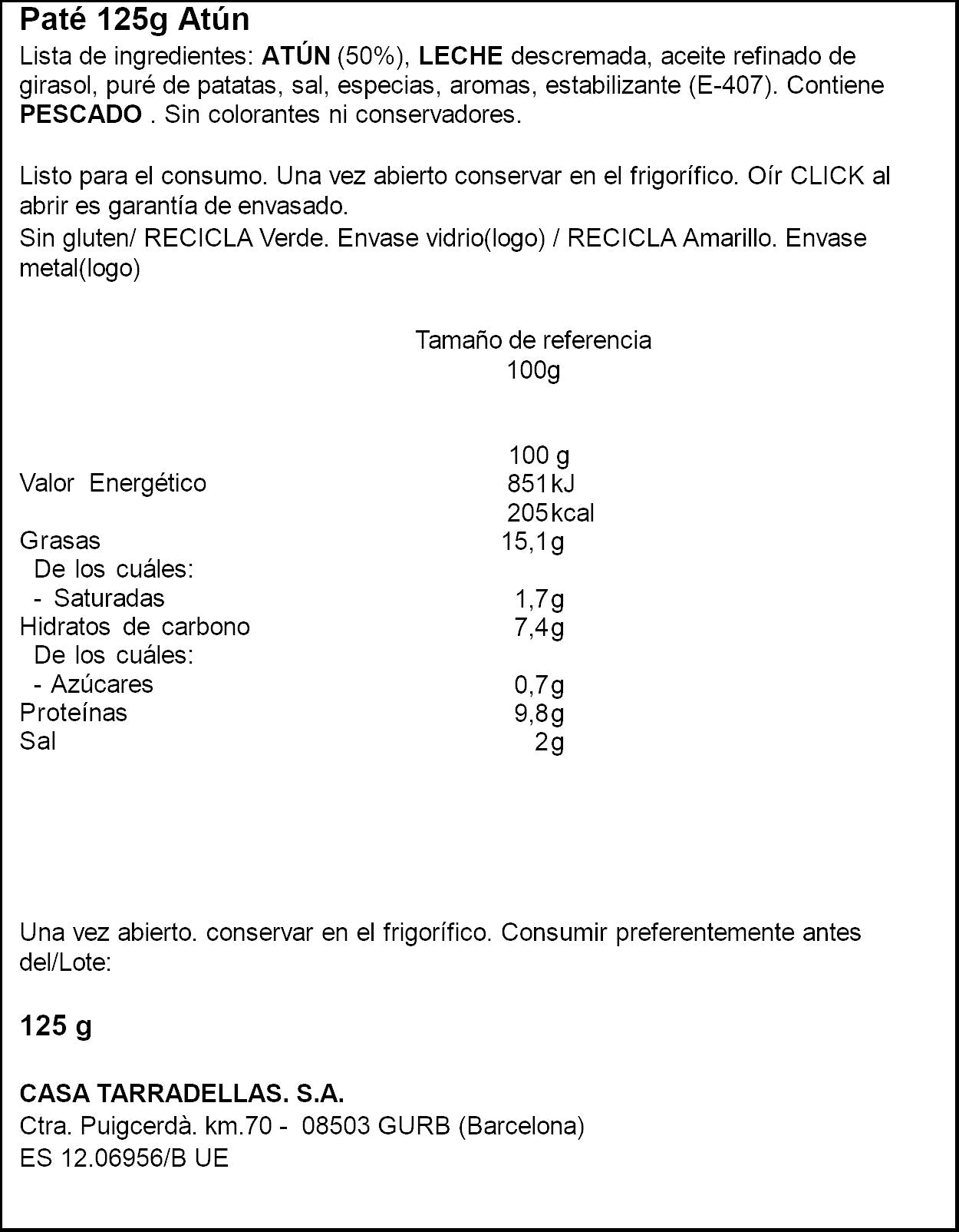Paté atún  Casa Tarradellas 125g