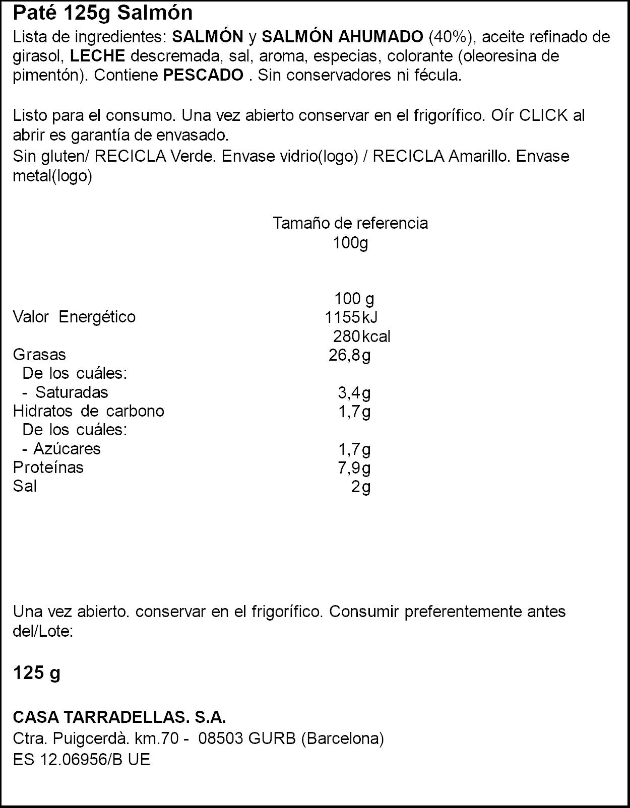 Paté salmón  Casa Tarradellas 125g