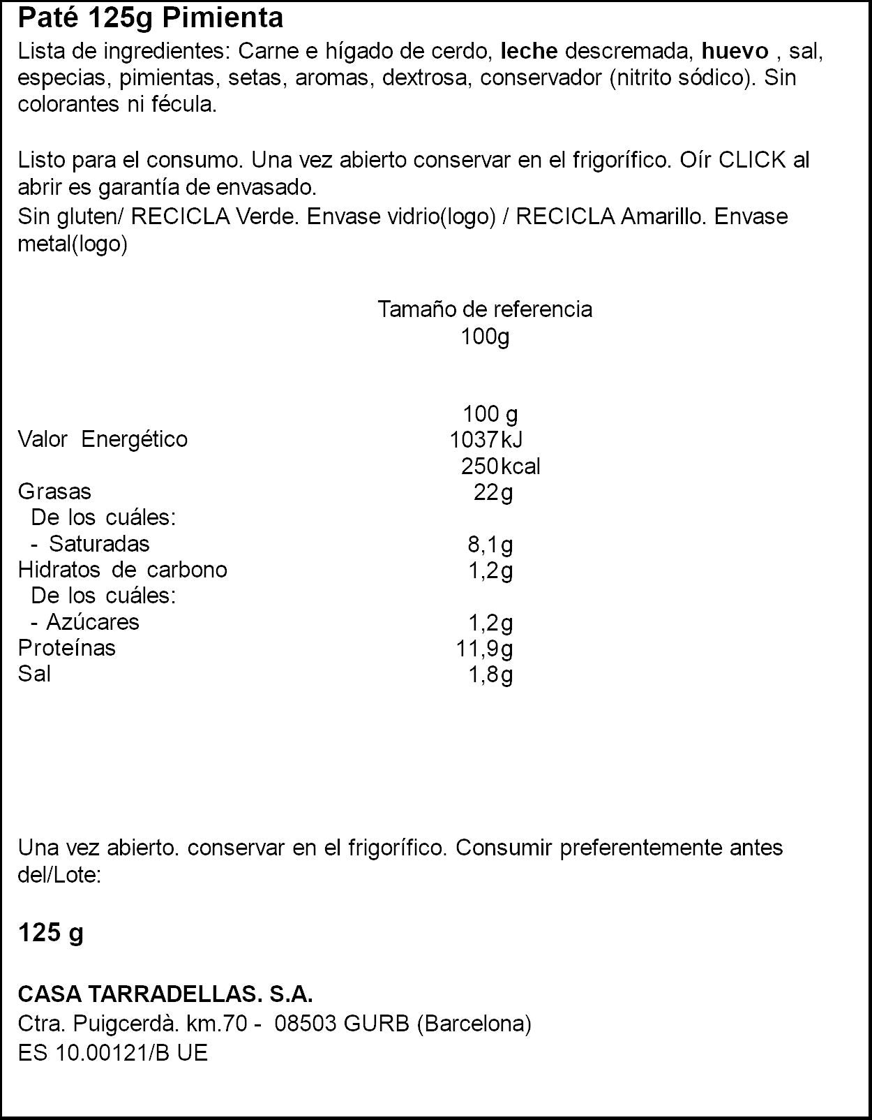 Paté hígado de cerdo pimienta Casa Tarradellas 125g